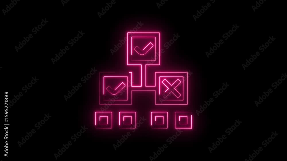 Poster glowing neon pink flowchart icon with checkmarks and cross symbol on transparent black background