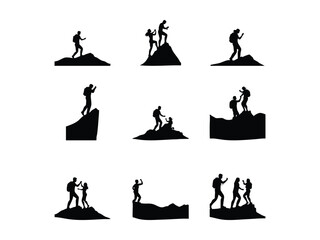 Helping Friend Reach the Mountain Top Silhouette Vector, Teamwork, Success, and Goal Achievement Concept