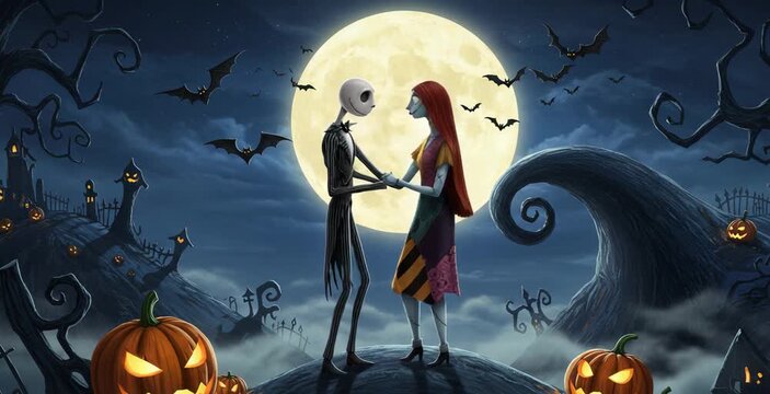 Lovely Moment of Jack and Sally, Moon, Halloween Video, Pumpkin, Happy Halloween.