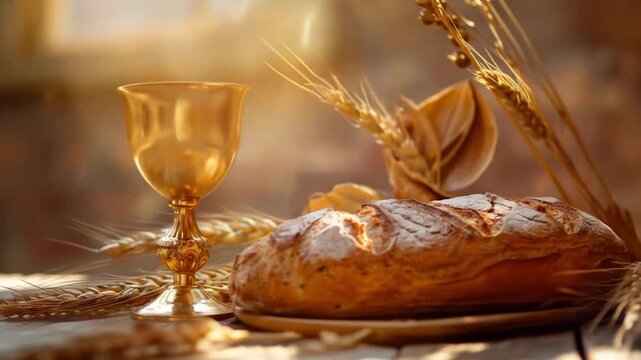Golden communion chalice with bread on wooden table bathed in warm sunlight creating sacred religious atmosphere for spiritual worship ceremony