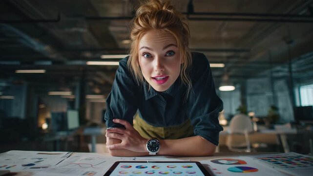 ポニーテール女性がデータを共有する手元