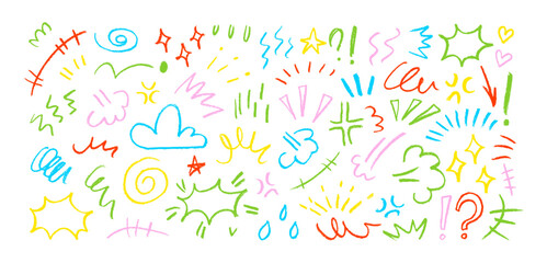 Set of colorful emotion effect and movement icons. Crayon drawn doodle emotion lines, decorative emphasis elements. Hand drawn vector ink illustration. Doodle expression signs and symbols.