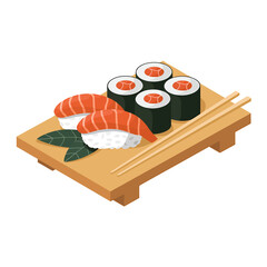 Artistic Fusion A Digital Illustration of Japanese Sushi Plate on a Wooden Tray