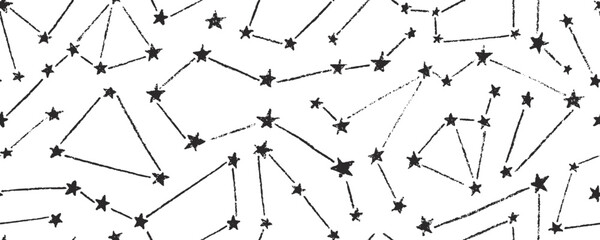 Naklejka na ściany i meble Celestial seamless pattern with hand drawn constellations and stars. Crayon drawn abstract constellations background. Doodle starry elements, starry and dots silhouettes. Vector graphic wallpaper.