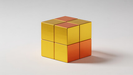 Obraz premium A metallic cube composed of smaller blocks, with gold and orange faces, isolated on white background