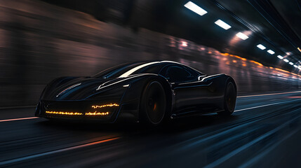 Obraz premium A powerful electric supercar with a glowing undercarriage speeding through a dark tunnel.