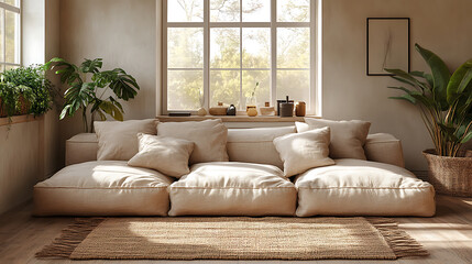 Serene Living Room with Beige Modular Sofa and Natural Decor