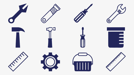 Fototapeta premium Collection of various hand tools and mechanical parts icons on a white background