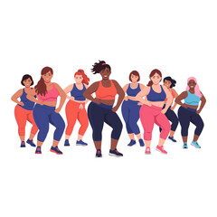 Obraz premium Diverse Plus-Size Women Exercising and Dancing Together