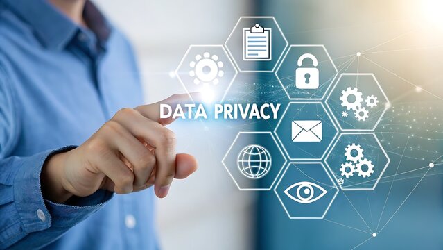 Person s finger touches digital interface displaying data privacy icons and text - Powered by Adobe