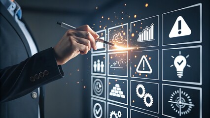 Business professional interacting with a futuristic digital interface displaying various business icons and data visualizations