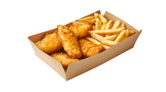Fried Fish and Chips Takeaway Box Meal, Isolated on White Background