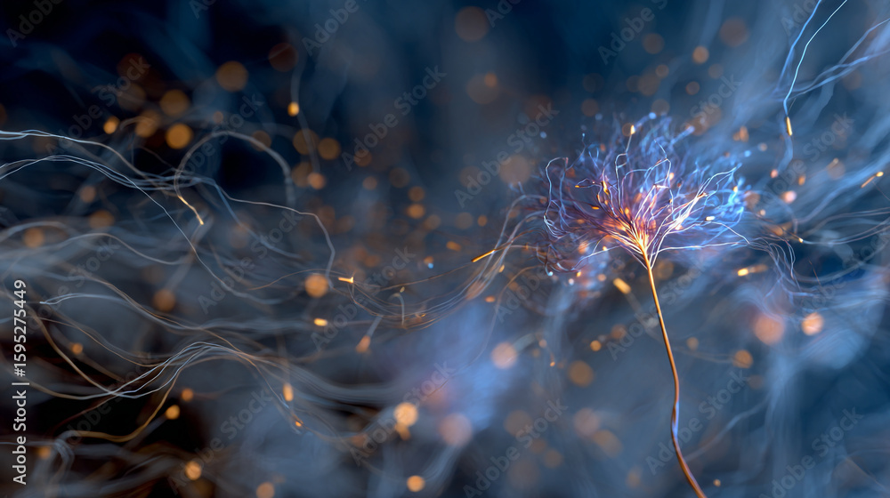 Poster abstract blue and gold particle burst with wispy trails and bokeh effect