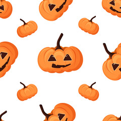 Halloween pattern. Seamless pattern with pumpkins. Pumpkin with a funny face. For Halloween. Orange pumpkin. Pumpkin with eyes and mouth. Pattern for clothes, postcards, websites.