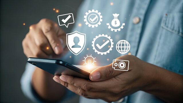 Person using a smartphone with digital icons representing security finance and technology floating above