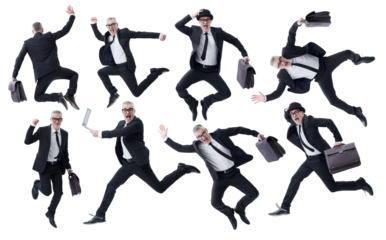 Set of portraits of a businessman in a dark suit in various poses on a white background.