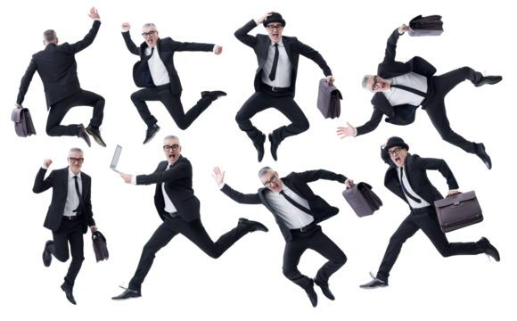 Set of portraits of a businessman in a dark suit in various poses on a white background.