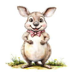 Adorable cute cartoon bunny character standing on grass with a playful expression and pink bow tie illustration