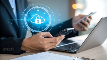 Businessman using smartphone and laptop with glowing cloud security icon symbolizing digital data protection and cybersecurity