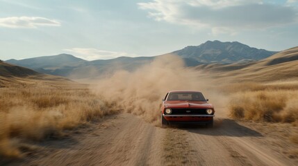 Red classic car driving on dusty mountain road with scenic landscape and blue sky