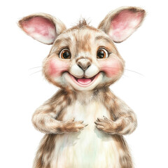 Cute anthropomorphic rabbit character with expressive eyes smiling and hands folded on chest isolated on white background