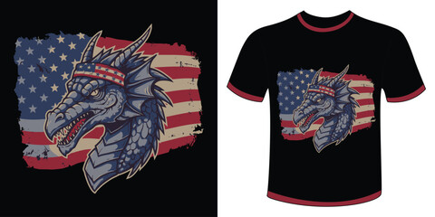 Patriotic Dragon T-shirt Design Featuring American Flag and Fantasy Creature.