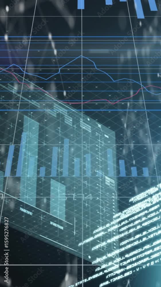 Poster animation of infographic interface and lens flare over connected dots against grid pattern
