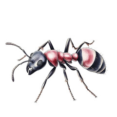 Detailed realistic illustration of an ant showing segmented body, antennae, legs, and mandibles in high detail