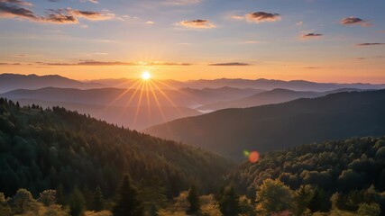 Sunrise Over Misty Mountain Valleys in Verdant Forest, Golden Sun Rays - Powered by Adobe