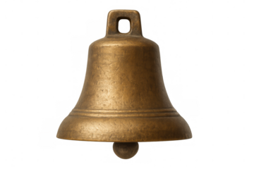 Golden metallic bell ringing, showcasing polished surface, symbolizing sound alert against clean transparent backdrop