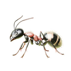 Highly detailed close-up of an ant showing segmented body with antennae and legs isolated on white background