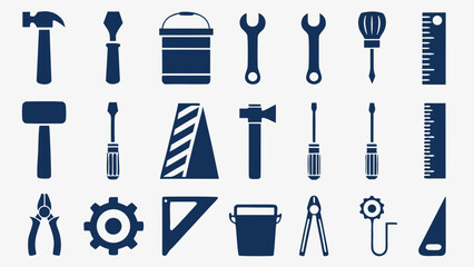 Obraz premium Collection of various blue silhouette tools and equipment on a white background