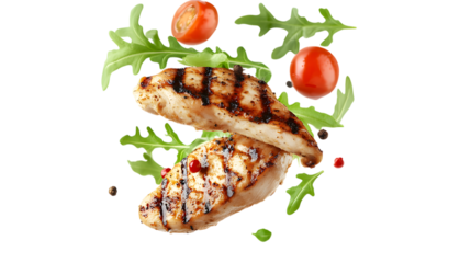 Grilled Chicken Breast Fillets With Fresh Arugula And Cherry Tomatoes On White.