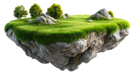 Floating Island Oasis: A whimsical island floats serenely in the air, adorned with verdant green grass, a few robust trees, and charming rock formations, an image of dreams and wonder.