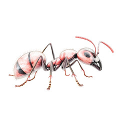 Highly detailed realistic illustration of an ant with a pinkish hue, showing detailed body segments and antennae, on a plain white background for educational or scientific purposes