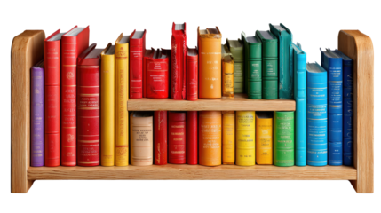 Rainbow Spectrum of Knowledge: A vibrant shelf filled with a curated collection of books, each adorned in a spectrum of colors, inviting exploration and the pursuit of knowledge.