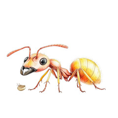 Highly detailed close-up drawing of an ant with large head and antennae on a white background