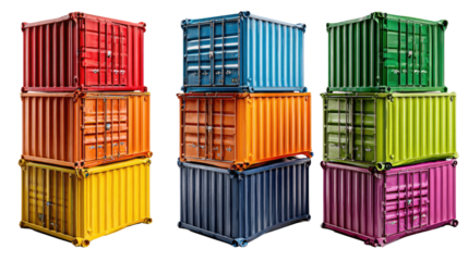 Colorful Shipping Containers: An assortment of vibrant shipping containers, stacked artfully, embodying the essence of global trade, transportation, and logistical prowess. 