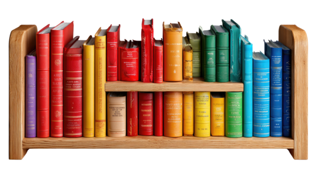 Rainbow Spectrum of Knowledge: A vibrant shelf filled with a curated collection of books, each adorned in a spectrum of colors, inviting exploration and the pursuit of knowledge. - Powered by Adobe