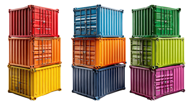Colorful Shipping Containers: An assortment of vibrant shipping containers, stacked artfully, embodying the essence of global trade, transportation, and logistical prowess. 