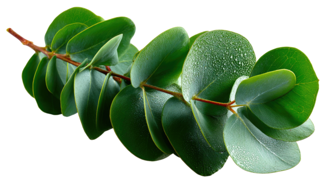 Eucalyptus Branch: A close-up shot features a vibrant eucalyptus branch, showcasing fresh, droplet-covered leaves against a backdrop of botanical elegance.