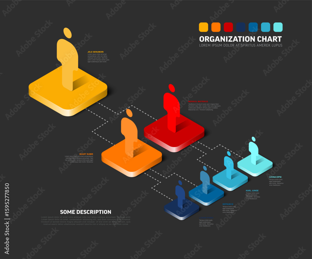 Poster an illustrative isometric organization chart infographic displays a clear business hierarchy. this c