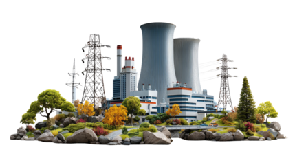 Power Plant and Nature Harmony: A modern power plant integrates seamlessly with nature, showcasing an inspiring blend of technology and environmental balance.