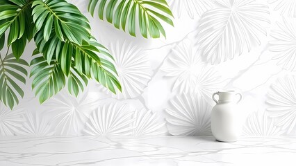 All white interior with tropical palm tree and a white vase with the wall