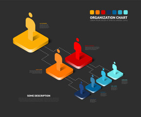An illustrative isometric organization chart infographic displays a clear business hierarchy. This colorful 3D organization chart visually represents a dynamic team structure and corporate hierarchy.