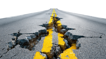 Cracked Road: Captures the destructive power of nature on infrastructure, the image evokes themes of fragility, disruption, and the challenges of progress.