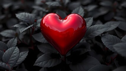 Fototapeta premium A 3d render of red chromatic heart on the desaturated black leaves 