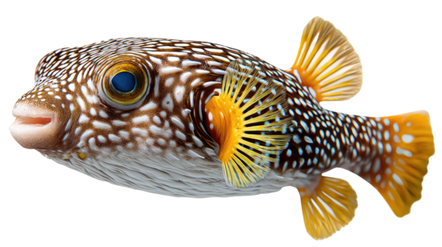 Puffer Fish Underwater Photography: A detailed portrait of a captivating puffer fish, with its unique textured skin and expressive eye, seemingly floating in an aquatic realm. 