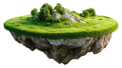Fantasy Floating Island: A whimsical fantasy of a floating island, a miniature world unto itself, complete with vibrant green grass, craggy rocks, and flourishing trees, against a clear sky.