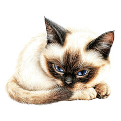 Beautiful Siamese cat with striking blue almond-shaped eyes lying down on white background with detailed fur texture